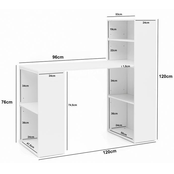 FineBuy Schreibtisch mit Regal 120x120x53 cm Holz Modern Bürotisch PC Tisch – Maßzeichnung