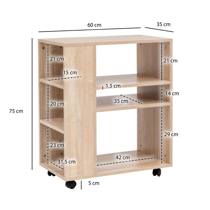 FineBuy Regal Weiß Rollwagen 60x75x35 cm Regalwagen mit Rollen Beistelltisch – Maßzeichnung