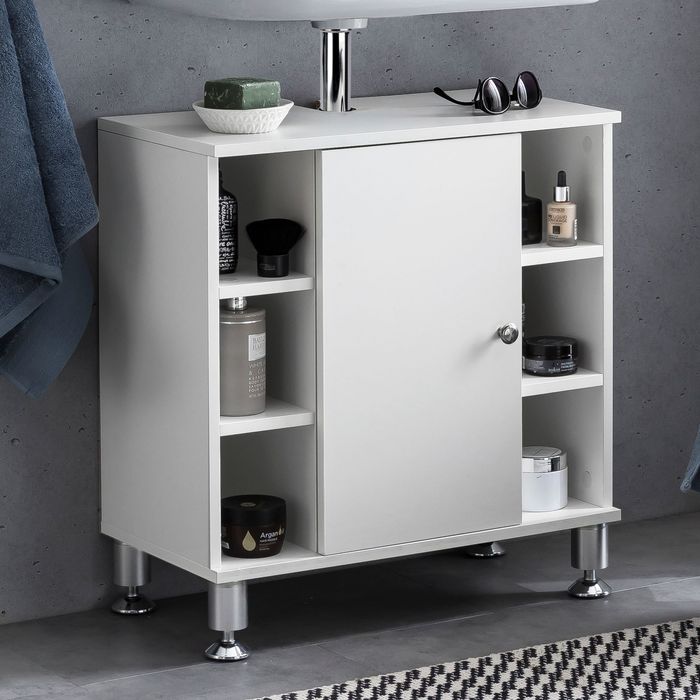 FineBuy Waschbeckenunterschrank 60 x 64 x 32 cm mit Tür & 6 Ablagefächer Weiß, Waschtischunterschrank, Badezimmermöbel Unterschrank Bad 4250950287860