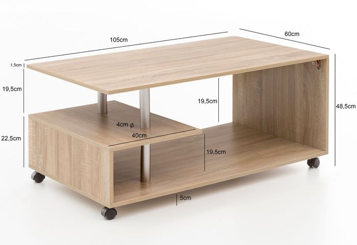 FineBuy Couchtisch 105 x 48,5 x 60 cm Wohnzimmertisch Sofatisch mit Rollen – Maßzeichnung