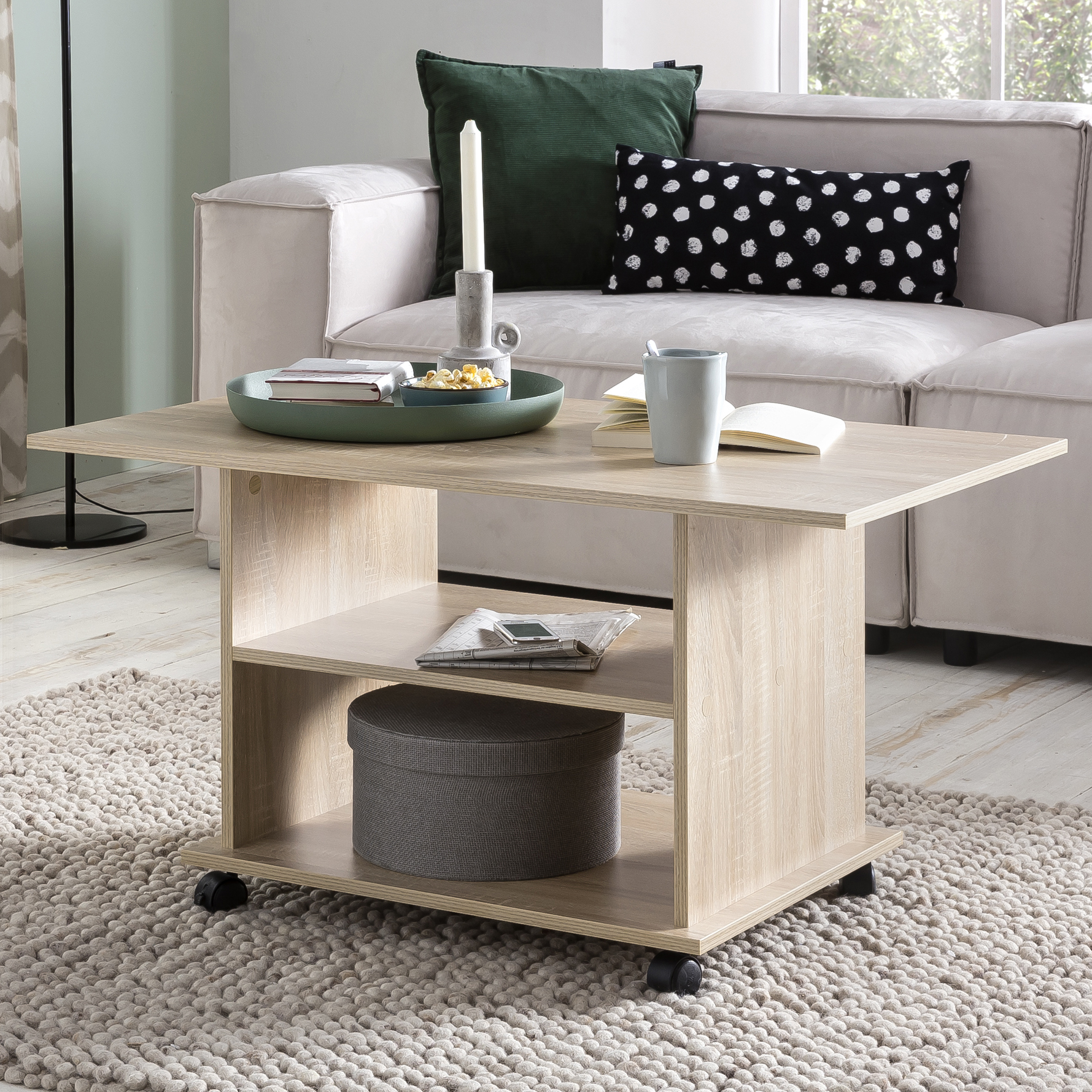 FineBuy Couchtisch 95 x 51 x 54,5 cm Spanplatte Sofatisch Rollen Wohnzimmertisch – Ansicht 1