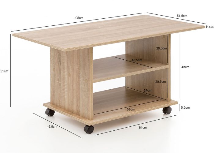 FineBuy Couchtisch 95 x 51 x 54,5 cm Spanplatte Sofatisch Rollen Wohnzimmertisch – Maßzeichnung