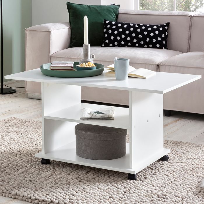 FineBuy Couchtisch 95 x 51 x 54,5 cm Spanplatte Sofatisch Rollen Wohnzimmertisch