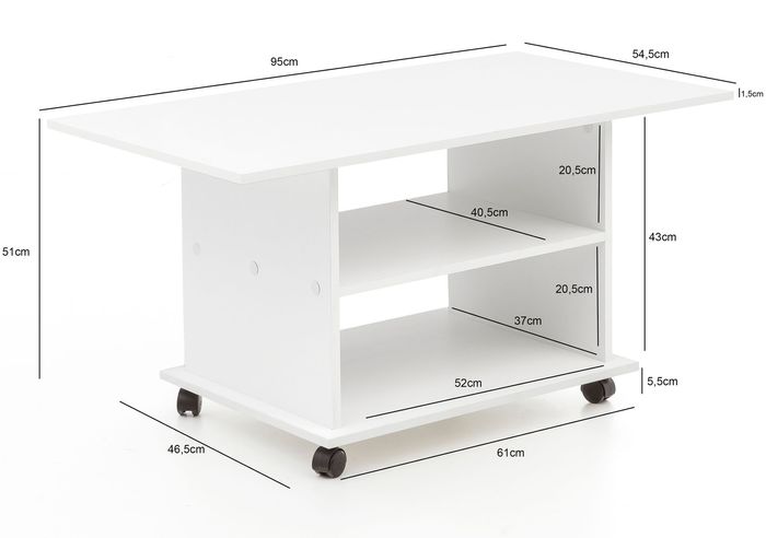 FineBuy Couchtisch 95 x 51 x 54,5 cm Spanplatte Sofatisch Rollen Wohnzimmertisch – Maßzeichnung