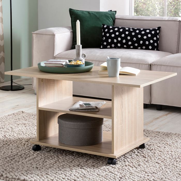 FineBuy Couchtisch 95 x 51 x 54,5 cm Spanplatte Sofatisch Rollen Wohnzimmertisch
