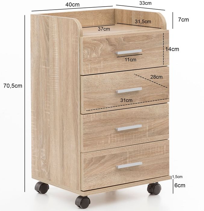 FineBuy Rollcontainer 70,5 cm Standcontainer Bürocontainer mit Rollen Modern – Maßzeichnung