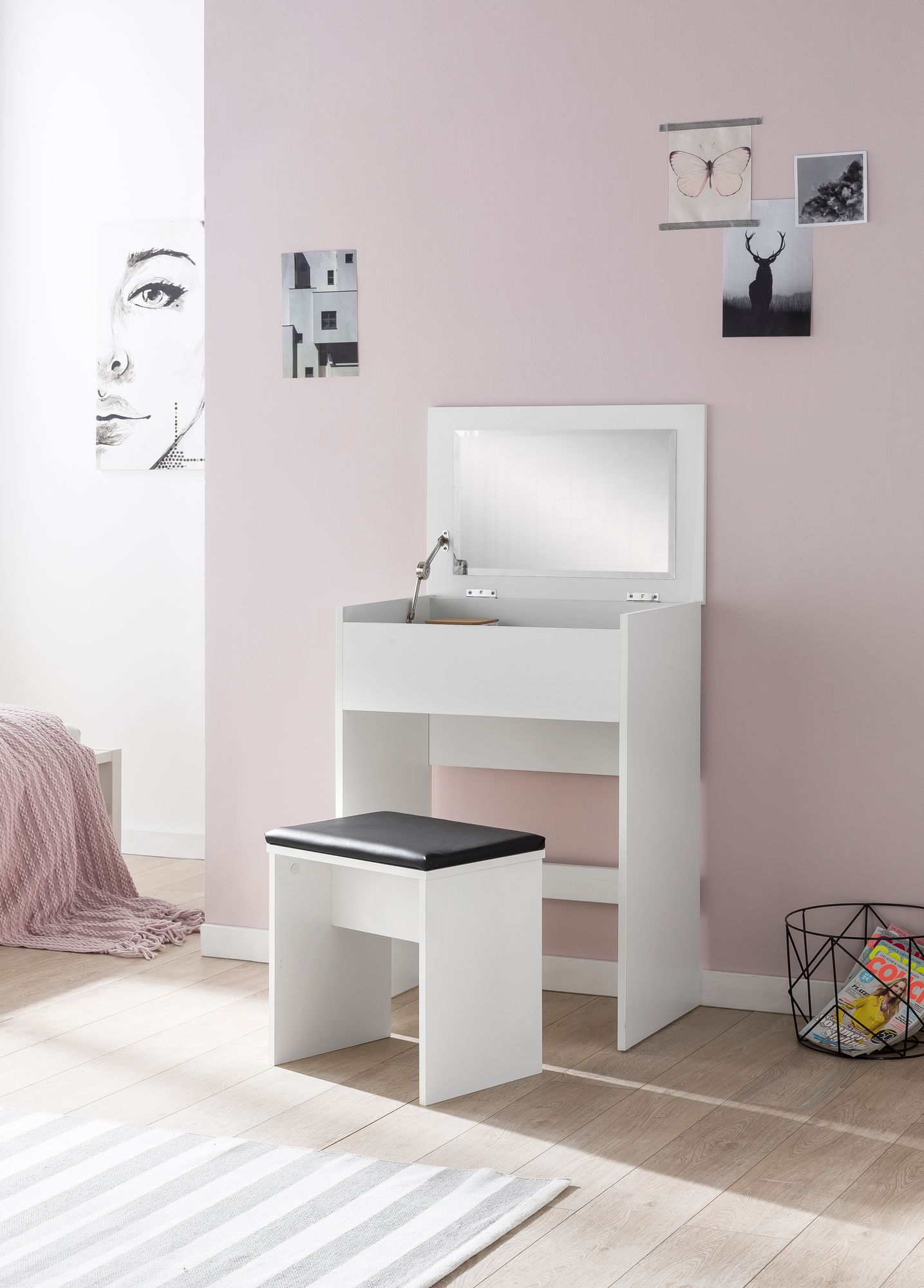 FineBuy Schminktisch FB51641 Kosmetiktisch Frisiertisch Weiß Spiegel & Hocker – Ansicht 2