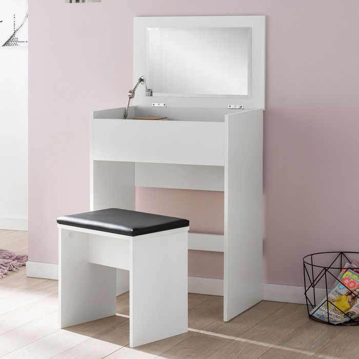 FineBuy Schminktisch FB51641 60x81x40 cm Weiß Konsolentisch Holz Modern, Kosmetiktisch mit Hocker und Spiegel, Weißer Frisiertisch mit Klappfach, Moderner Make-Up-Tisch Mädchen Groß 4250950288140