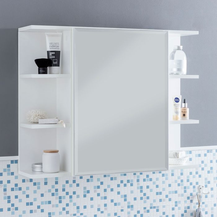 FineBuy Hängeschrank FB51815 Weiß 80x64,5x20cm Spanplatte Spiegelschrank Modern, Design Badregal Holz freischwebend, Schränkchen Badezimmerschrank mit Spiegel, Hängeschrank Badspiegel 4250950288331