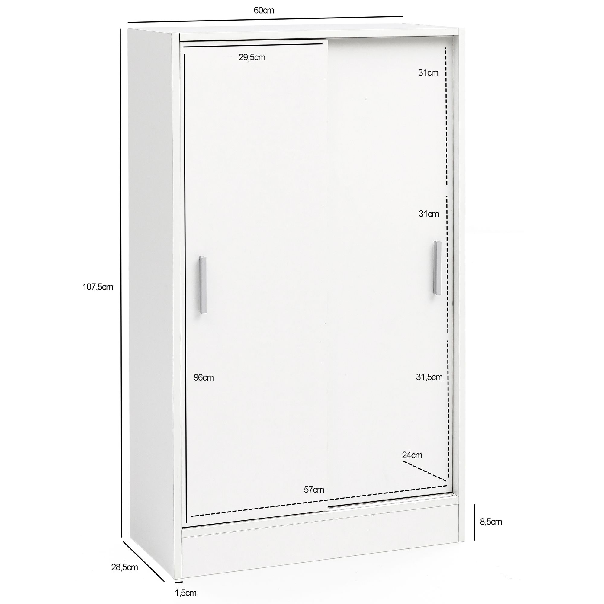 Sideboard 60cm Weiß mit 2 Schiebetüren Aktenschrank Kommode in modernem Design – Ansicht 3