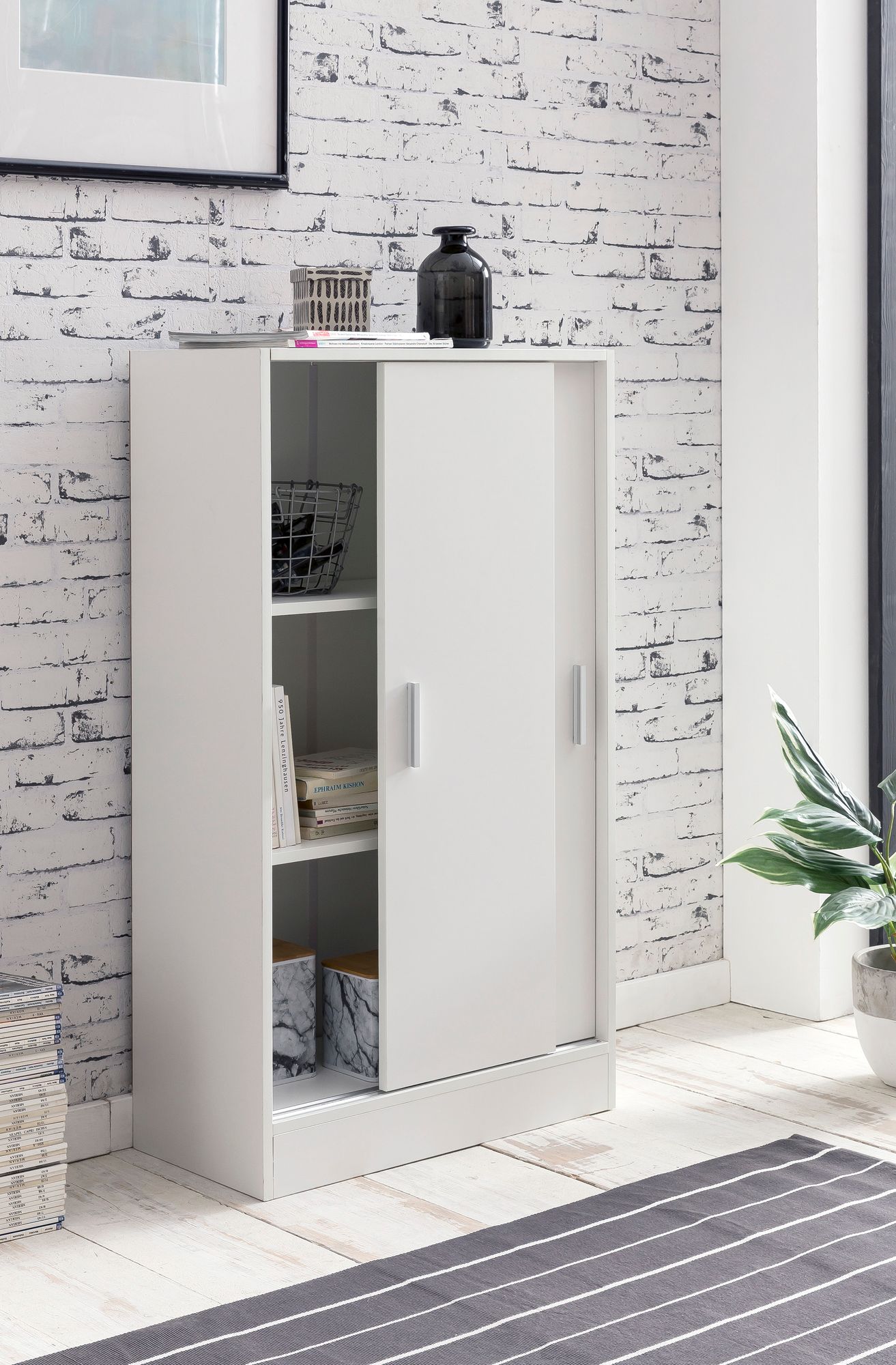 Sideboard 60cm Weiß mit 2 Schiebetüren Aktenschrank Kommode in modernem Design – Ansicht 4