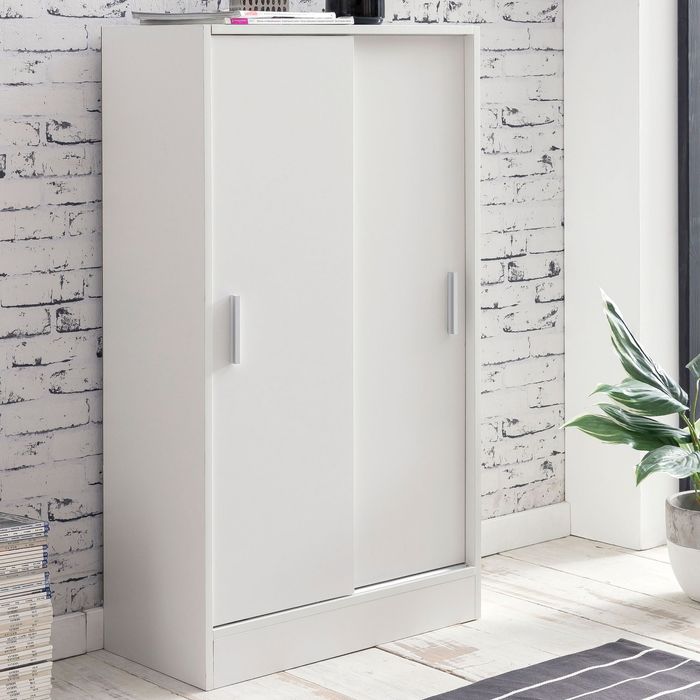 FineBuy Kommode Weiß 60 cm Breit mit 2 Schiebetüren für Büro Akten, Schiebetürenschrank, Aktenschrank, Sideboard, Kleiderschrank