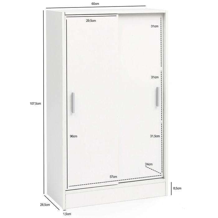 Sideboard 60cm Weiß mit 2 Schiebetüren Aktenschrank Kommode in modernem Design – Maßzeichnung