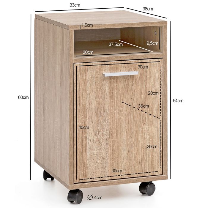 FineBuy Rollcontainer Schreibtischcontainer 33x60x38 Bürocontainer Holz – Maßzeichnung