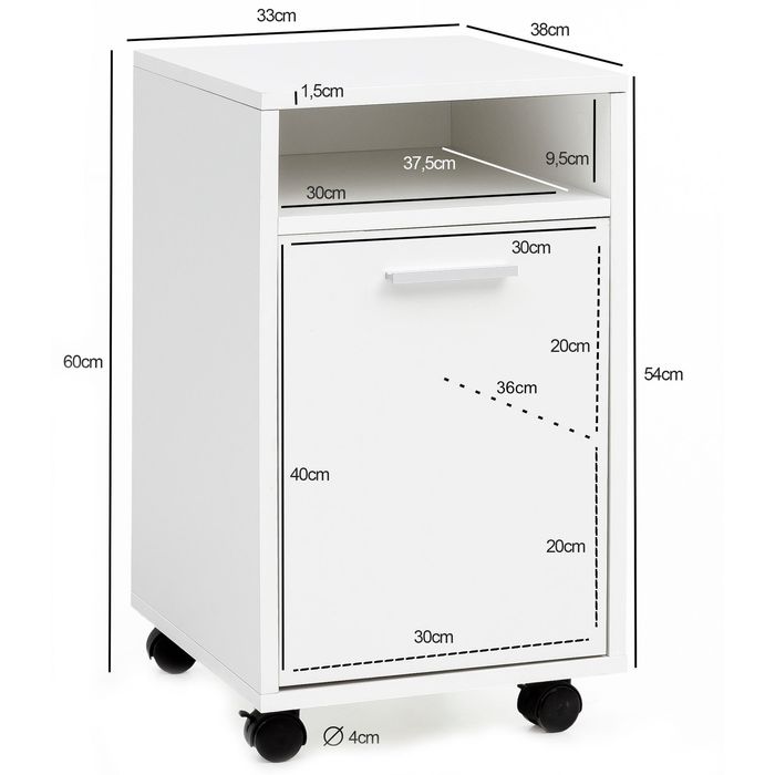 FineBuy Rollcontainer Schreibtischcontainer 33x60x38 Bürocontainer Holz – Maßzeichnung