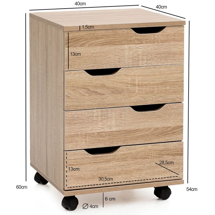 FineBuy Rollcontainer Schreibtischcontainer 40 x 60 x 40 cm Holz Büro – Maßzeichnung
