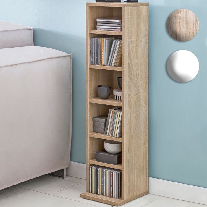FineBuy CD-Regal Holz 21x90x20 cm Standregal Modern Bücherregal Schmal, CD Ständer Aufbewahrung Klein, Offenes Nischenregal, Mehrzweckschrank 6 Fächer Offen, CD Holzregal Design Stehregal 18319