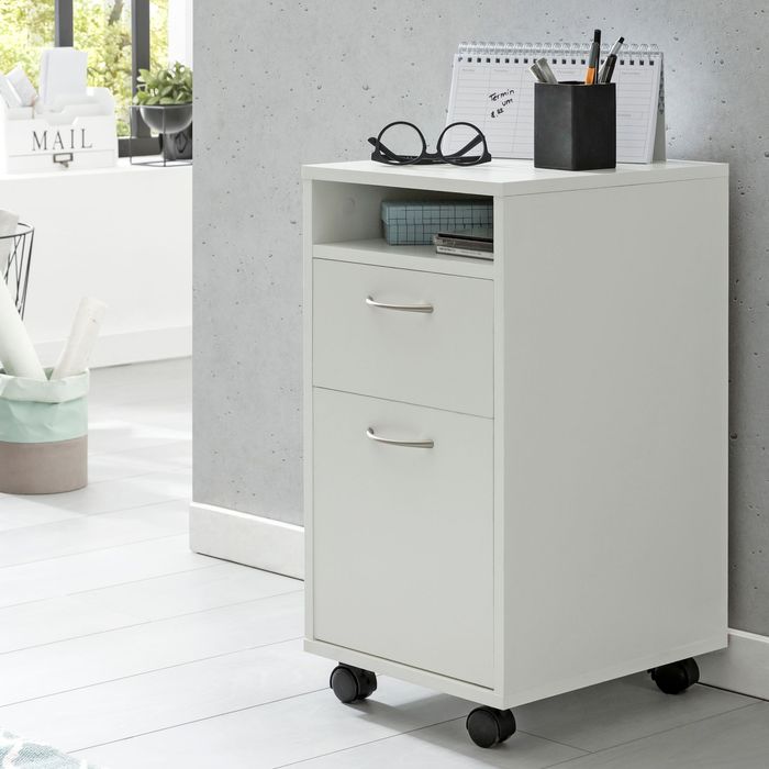 FineBuy Rollcontainer 33x63x38 cm Schreibtisch-Unterschrank Holz, Roll-Kommode Modern, Bürocontainer Schubladenschrank mit Tür, Kleiner Schreibtischschrank mit Rollen