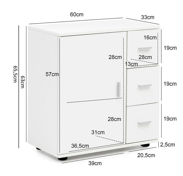 FineBuy Badschrank Midischrank Weiß Badezimmerschrank Matt Kommode – Maßzeichnung