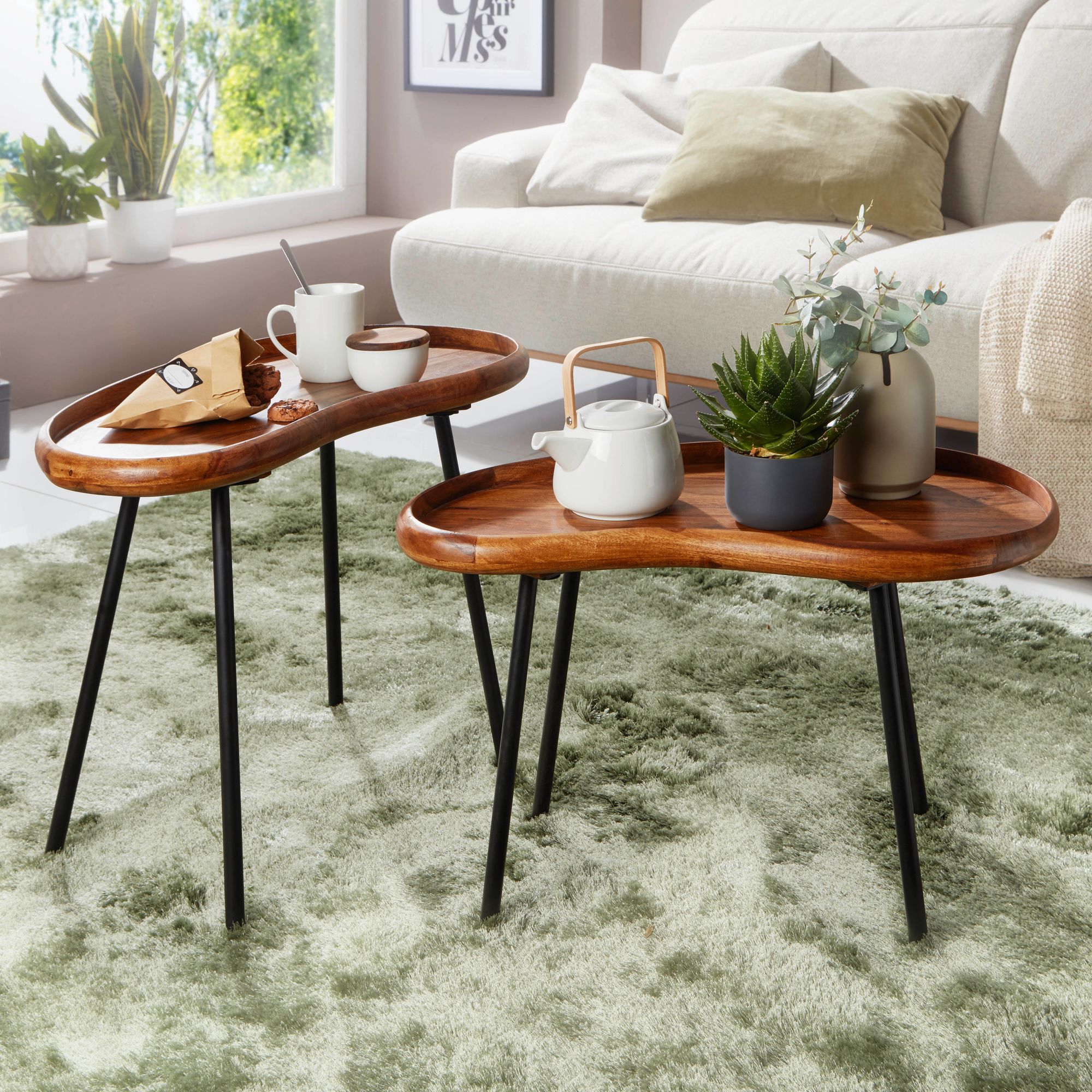 Couchtisch 2-teilig Massivholz Satztische Wohnzimmertisch Nierentisch Holz-Tisch – Ansicht 1
