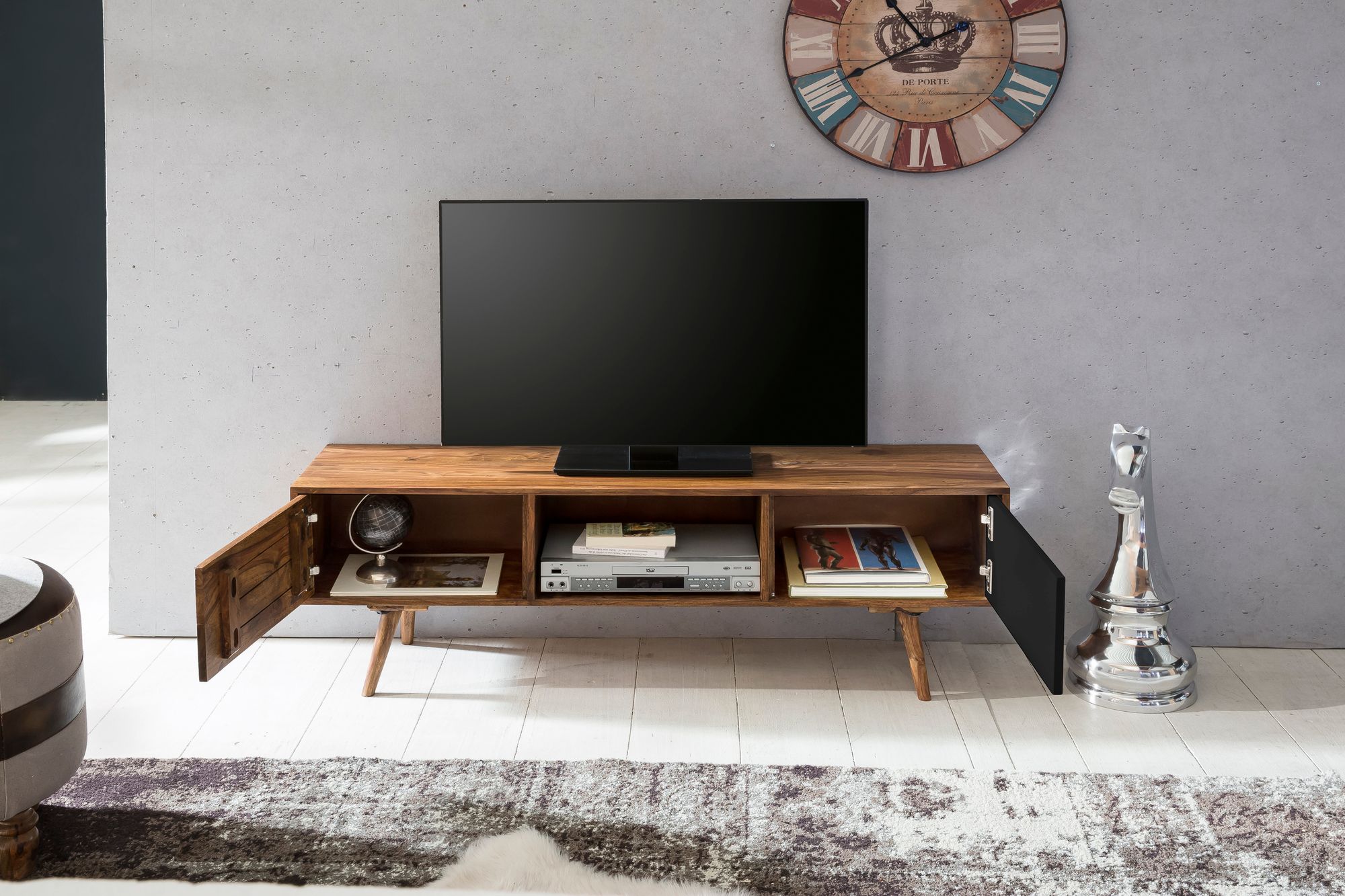 FineBuy TV Lowboard 140 cm REPA Massiv Holz Sheesham HiFi Regal Retro – Ansicht 2