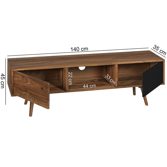 FineBuy TV Lowboard 140 cm REPA Massiv Holz Sheesham HiFi Regal Retro – Maßzeichnung