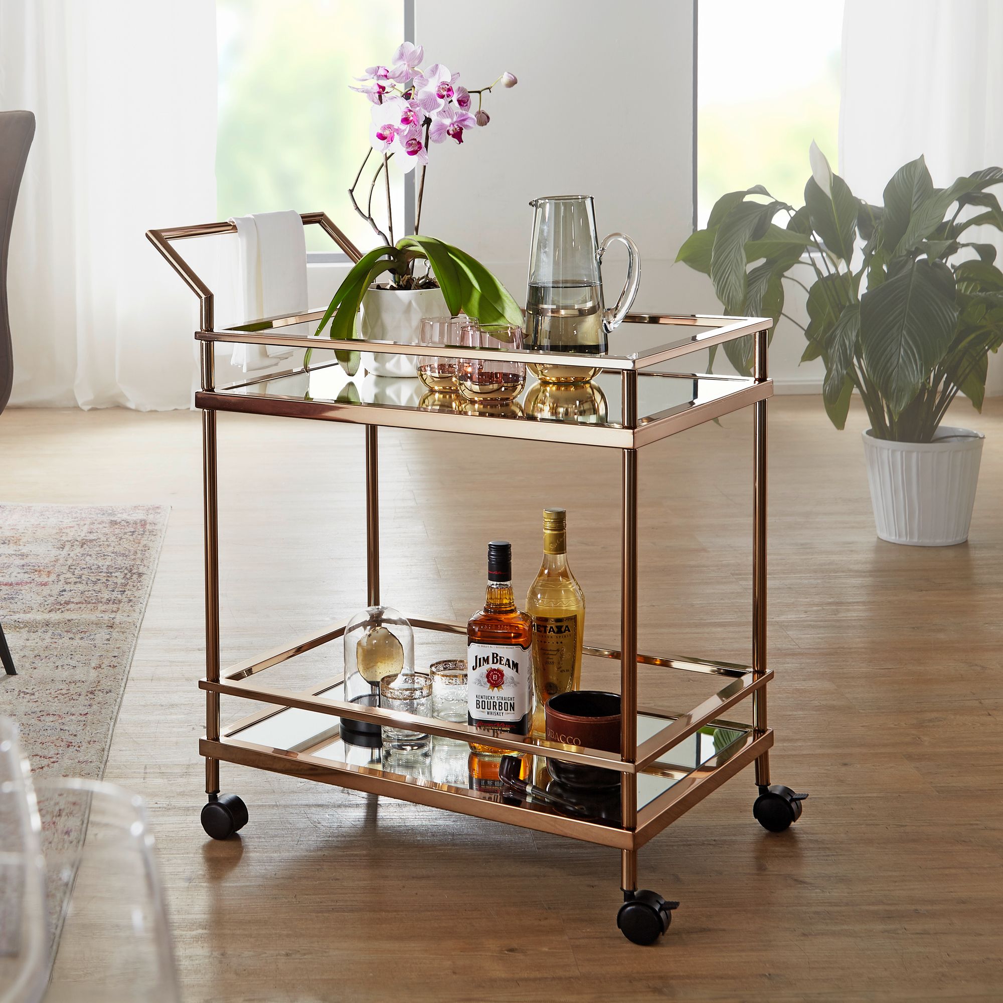 FineBuy Servierwagen Gold Beistelltisch Rollen Küchen- Speisewagen Glas Teewagen – Ansicht 1