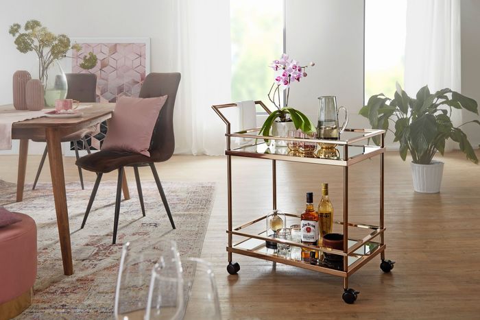 FineBuy Design Servierwagen Dunkles Gold 2 Ebenen mit Bremsen, Beistelltisch auf Rollen, Speisewagen mit Glasplatte, Küchenwagen, Teewagen