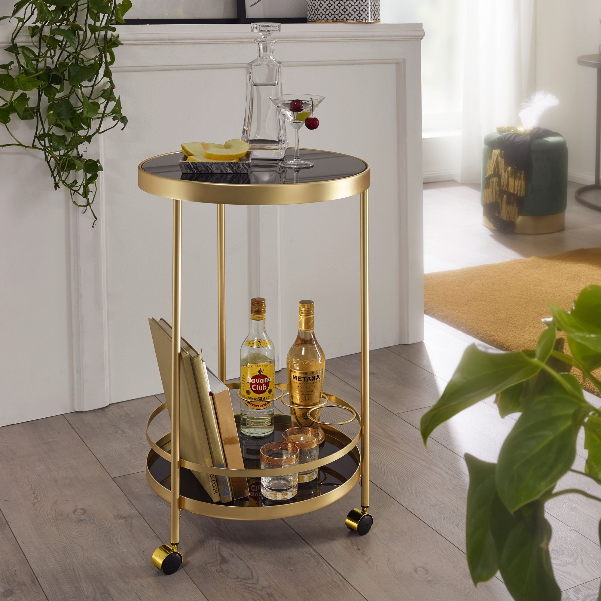 FineBuy Servierwagen Gold Beistelltisch auf Rollen Glas Speisewagen Rund Ø 45 cm – Ansicht 1