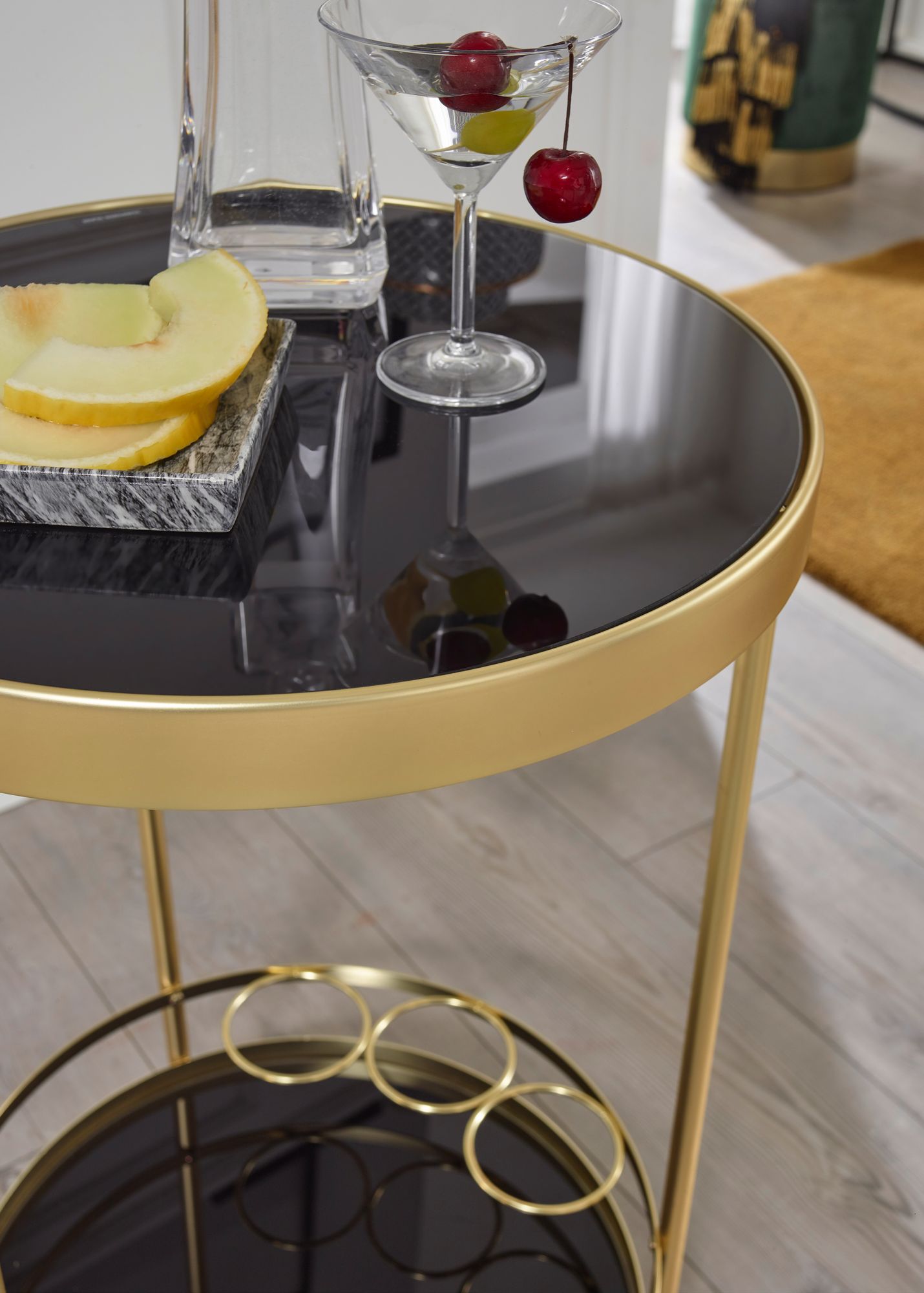 FineBuy Servierwagen Gold Beistelltisch auf Rollen Glas Speisewagen Rund Ø 45 cm – Ansicht 4
