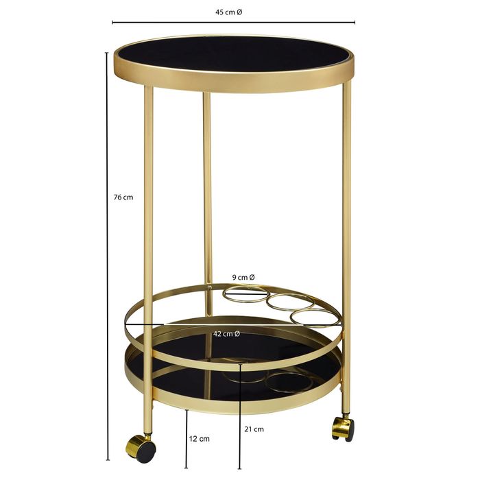 FineBuy Design Servierwagen Gold Rund Ø 45cm 2 Ebenen, Beistelltisch auf Rollen mit Glasplatte Schwarz Speisewagen, Küchenwagen, Teewagen 4250950292963