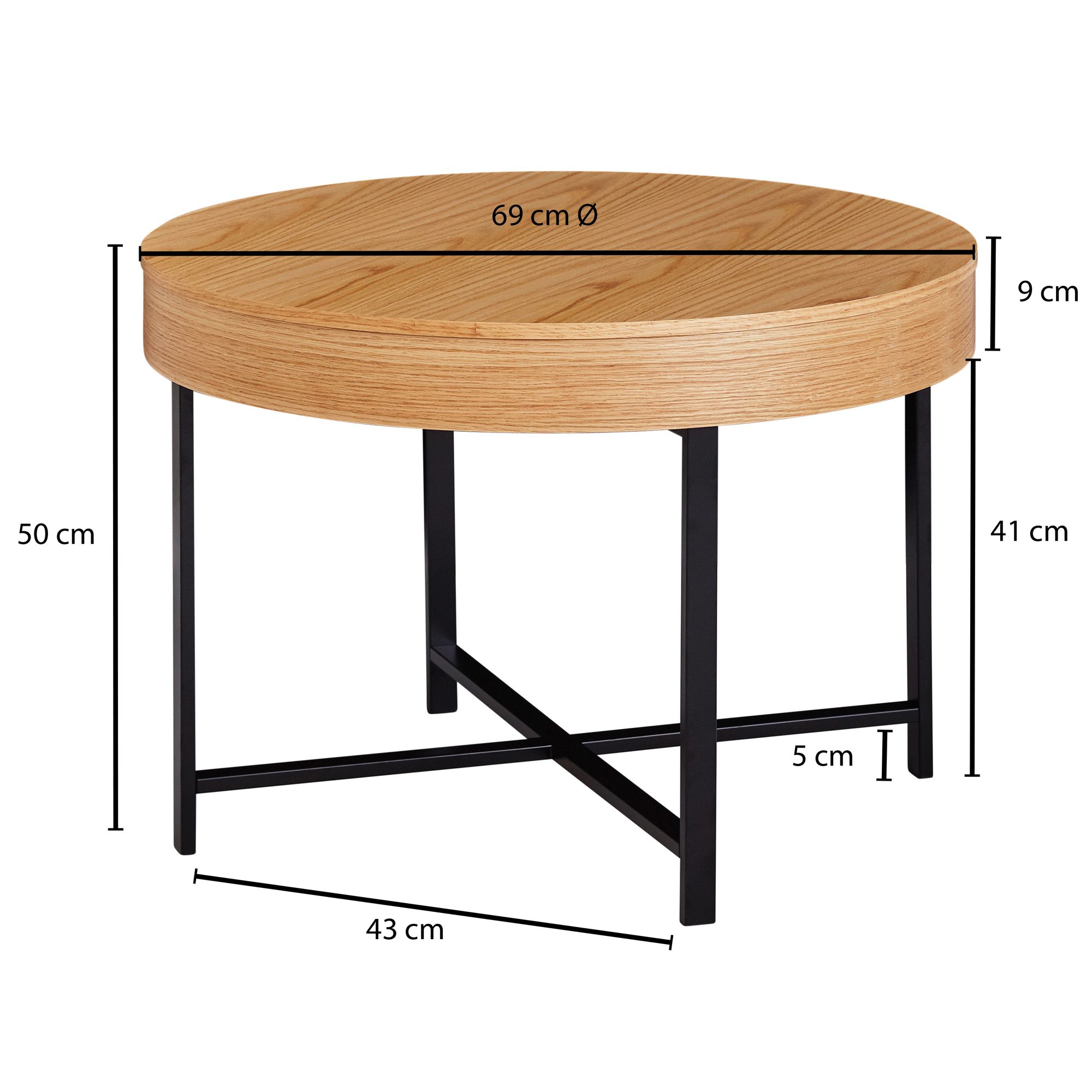 Couchtisch Rund Ø70cm Stauraum Skandinavisches Design Eiche Wohnzimmertisch Holz – Ansicht 2