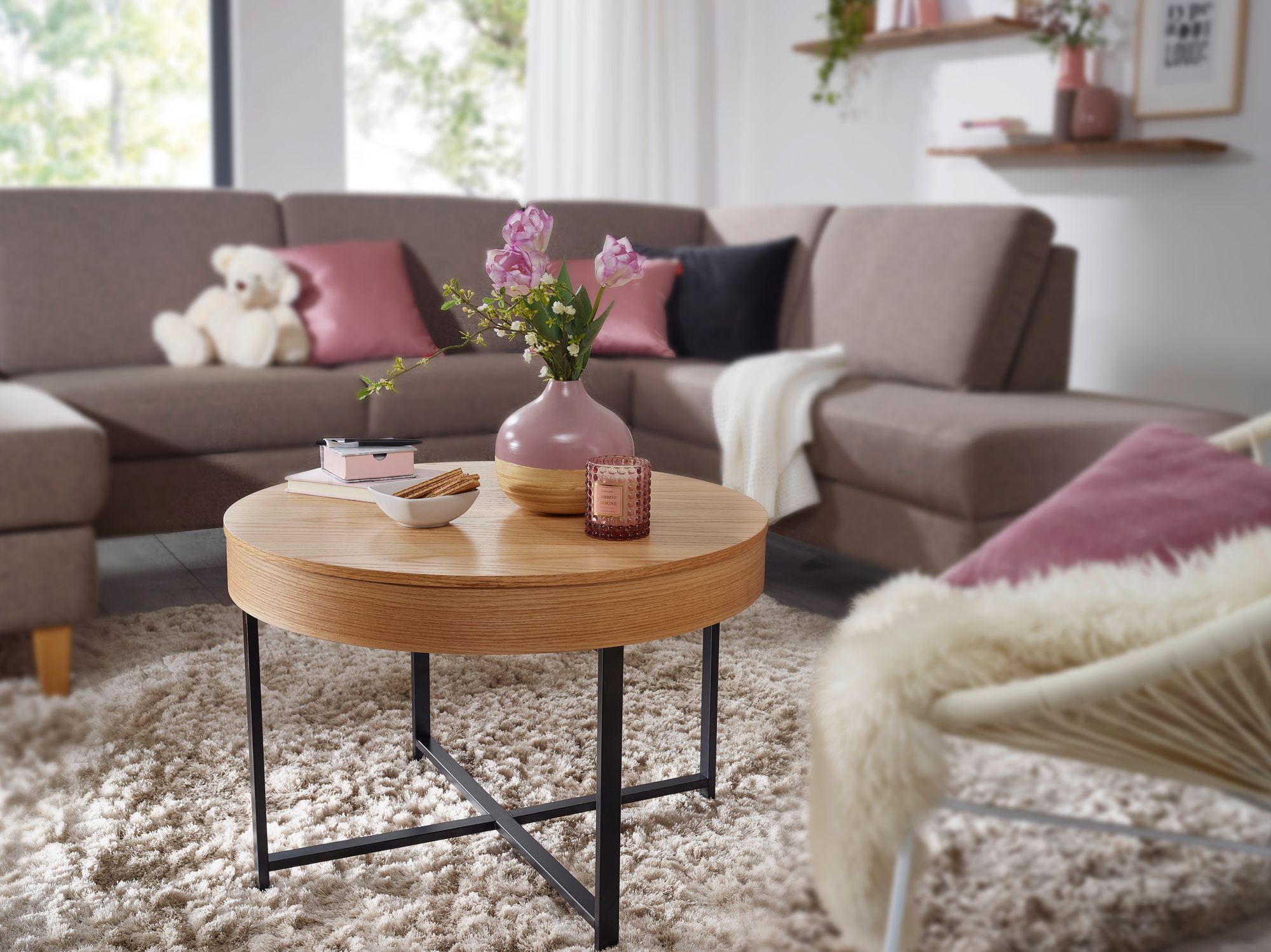 Couchtisch Rund Ø70cm Stauraum Skandinavisches Design Eiche Wohnzimmertisch Holz – Ansicht 3