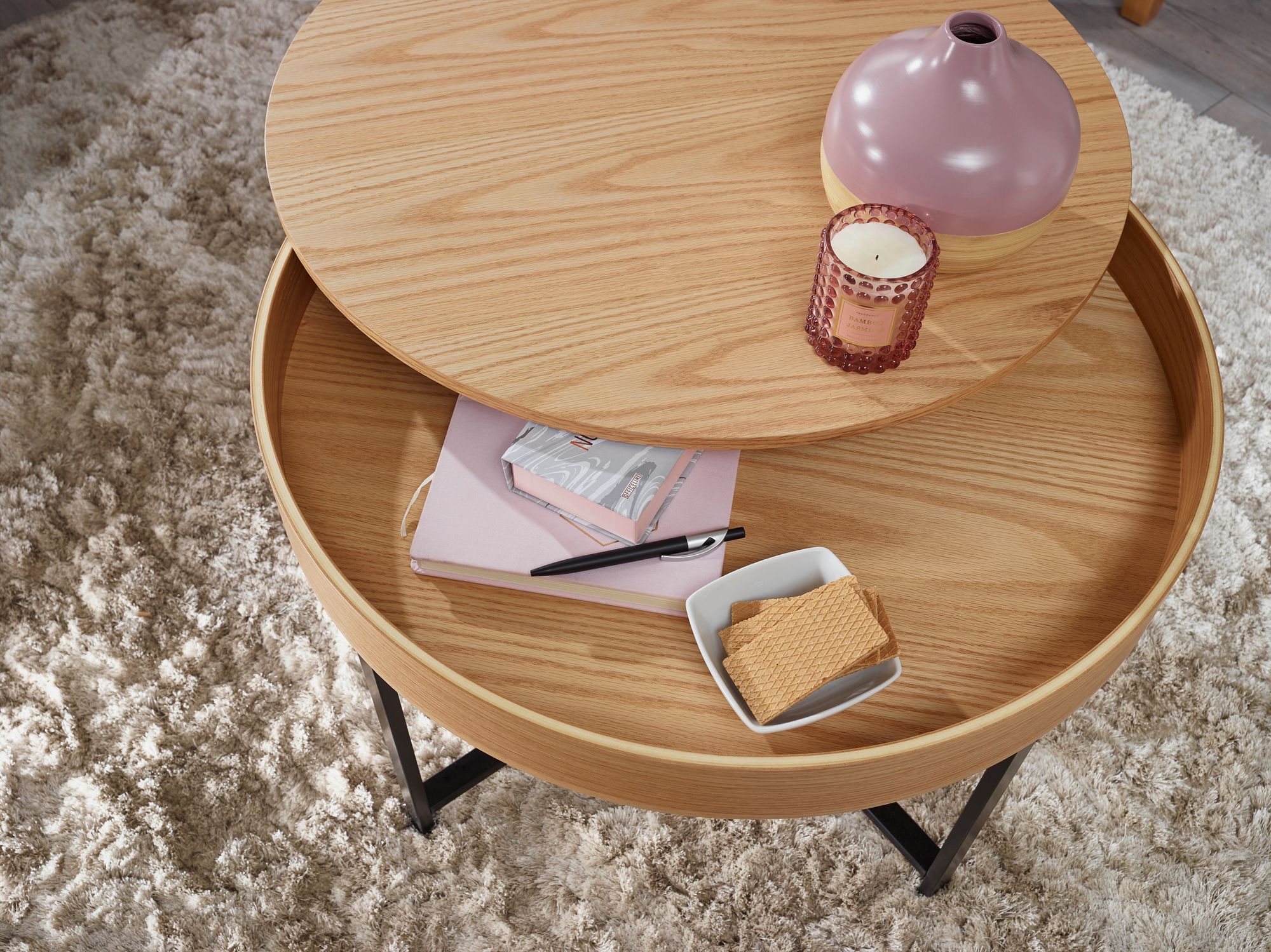 Couchtisch Rund Ø70cm Stauraum Skandinavisches Design Eiche Wohnzimmertisch Holz – Ansicht 4