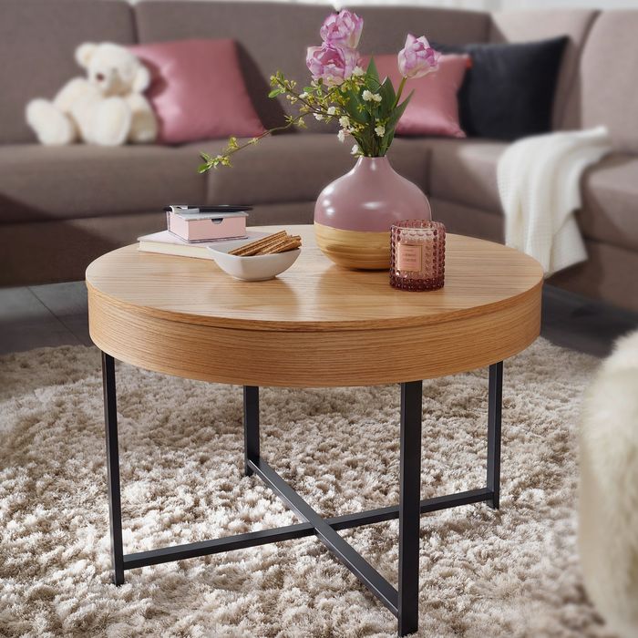 Couchtisch Rund Ø70cm Stauraum Skandinavisches Design Eiche Wohnzimmertisch Holz
