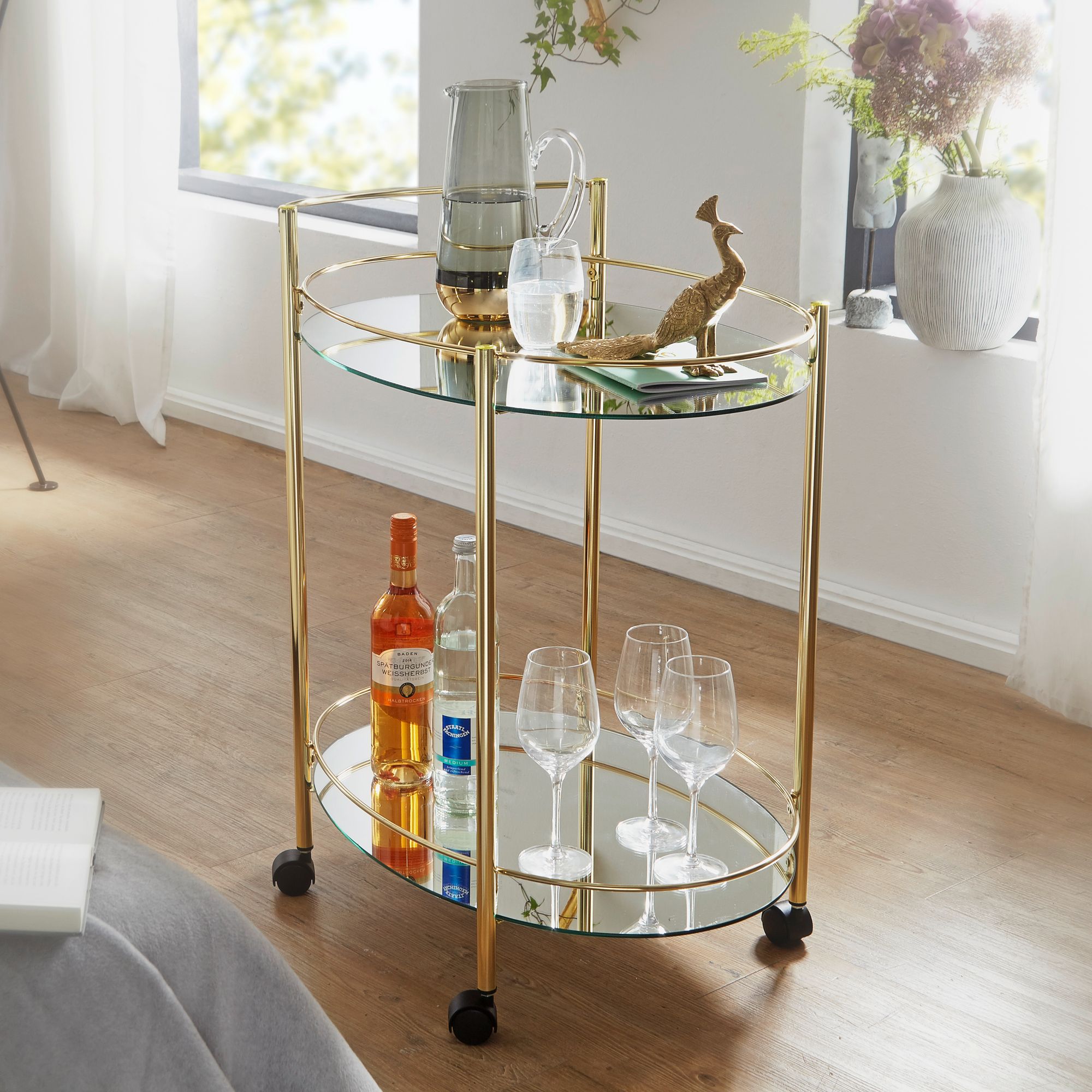FineBuy Servierwagen Gold Beistelltisch auf Rollen Glas Speisewagen Teewagen – Ansicht 1