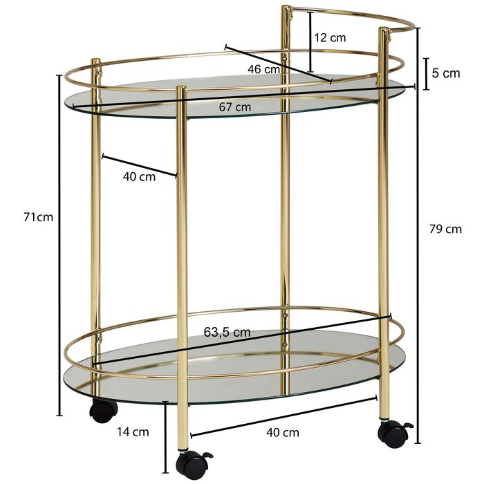 FineBuy Servierwagen Gold Beistelltisch auf Rollen Glas Speisewagen Teewagen – Maßzeichnung