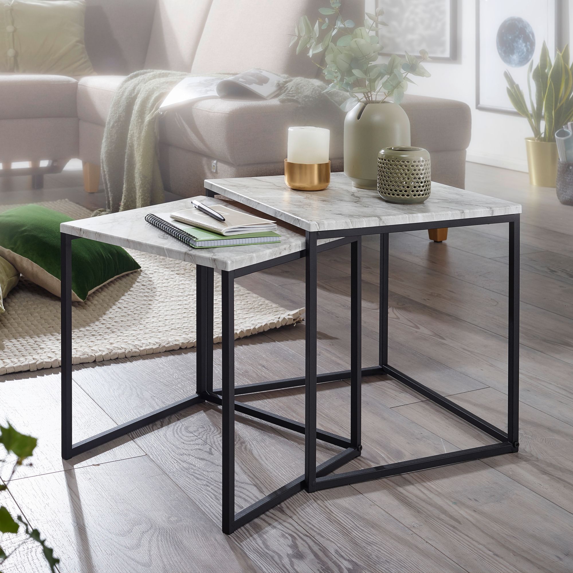 FineBuy Beistelltisch 2er Couchtisch Set Marmor Optik Weiß Wohnzimmertisch – Ansicht 1