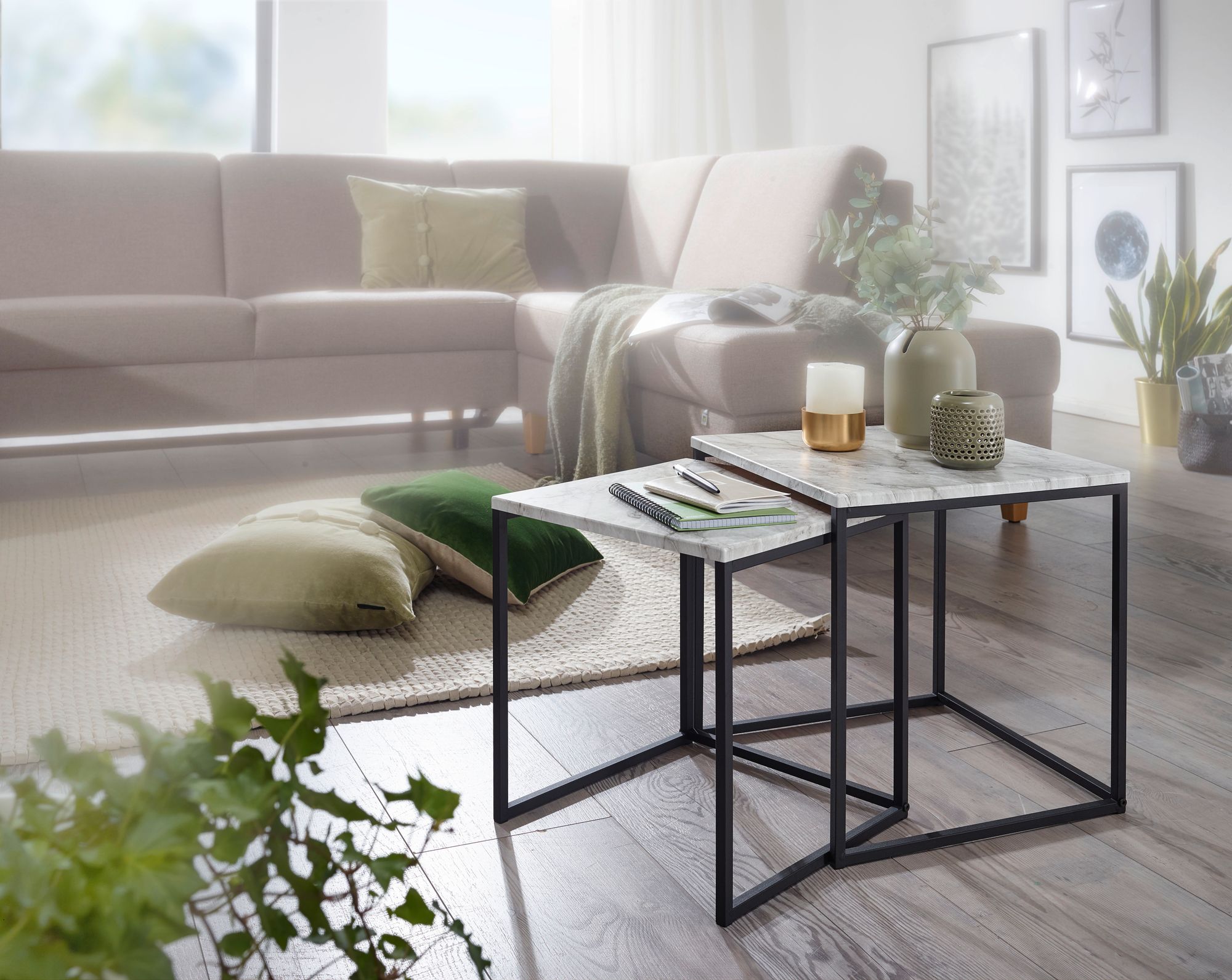 FineBuy Beistelltisch 2er Couchtisch Set Marmor Optik Weiß Wohnzimmertisch – Ansicht 2