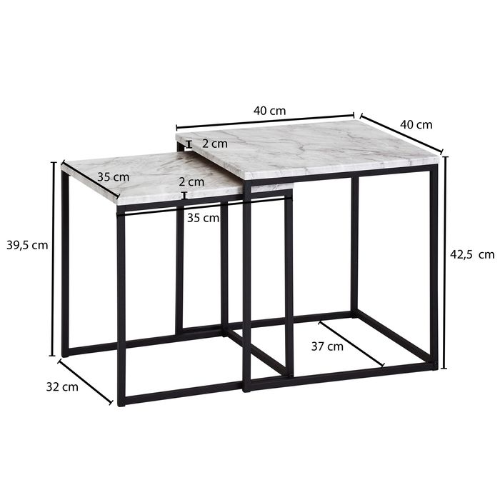 FineBuy Beistelltisch 2er Couchtisch Set Marmor Optik Weiß Wohnzimmertisch – Maßzeichnung