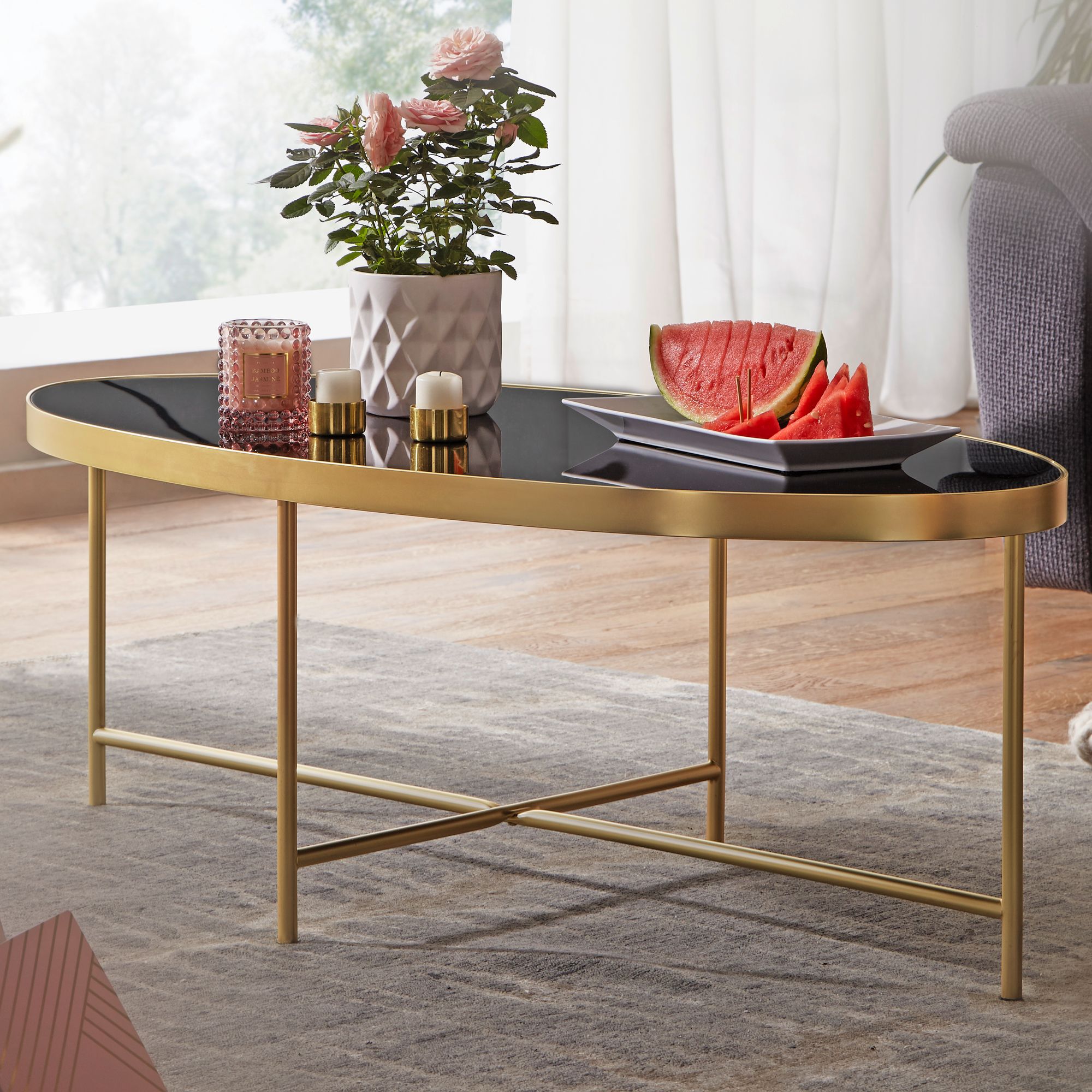 FineBuy Couchtisch Glas Schwarz Wohnzimmertisch Oval 110 x 56 Glastisch Gold – Ansicht 1