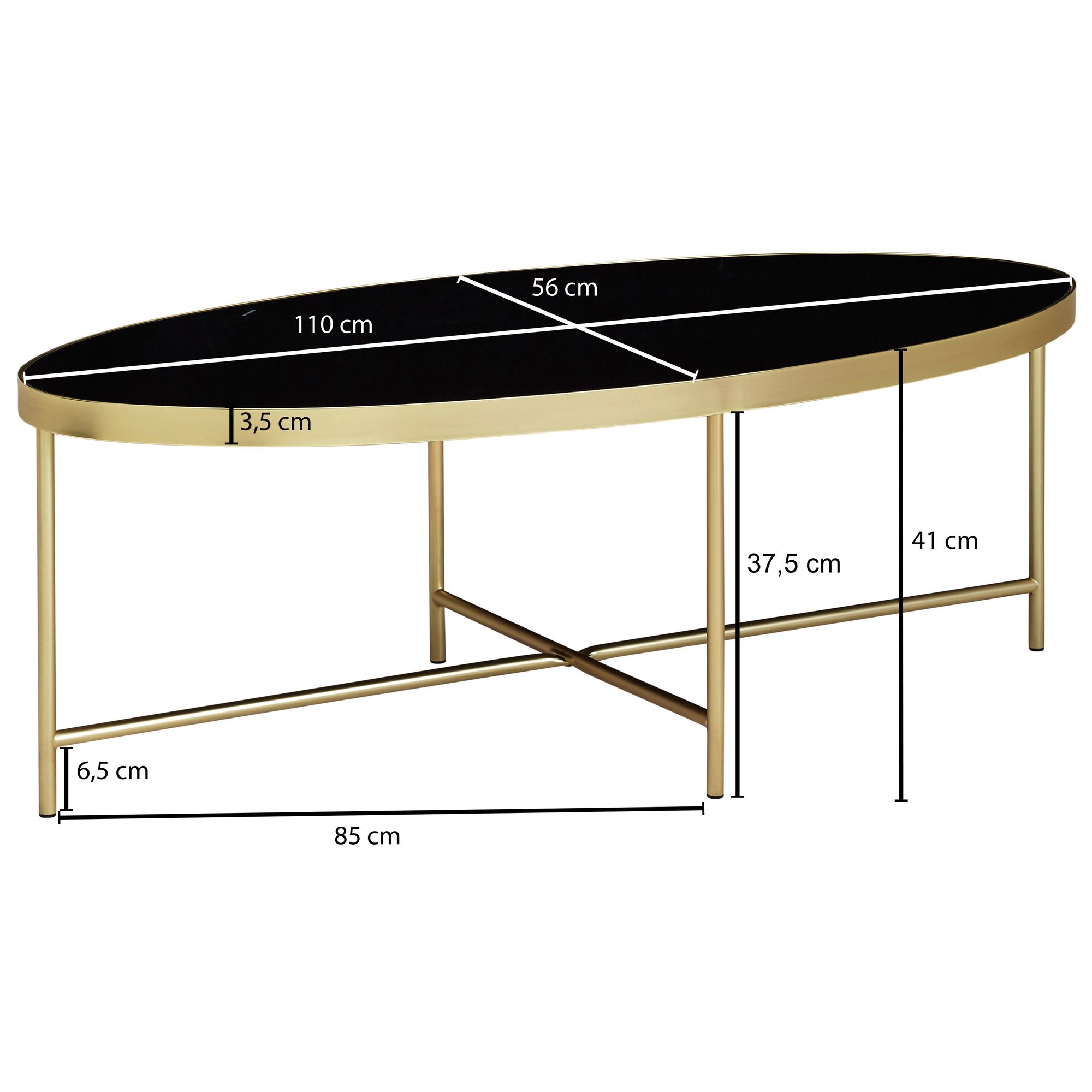 FineBuy Couchtisch Glas Schwarz Wohnzimmertisch Oval 110 x 56 Glastisch Gold – Ansicht 3