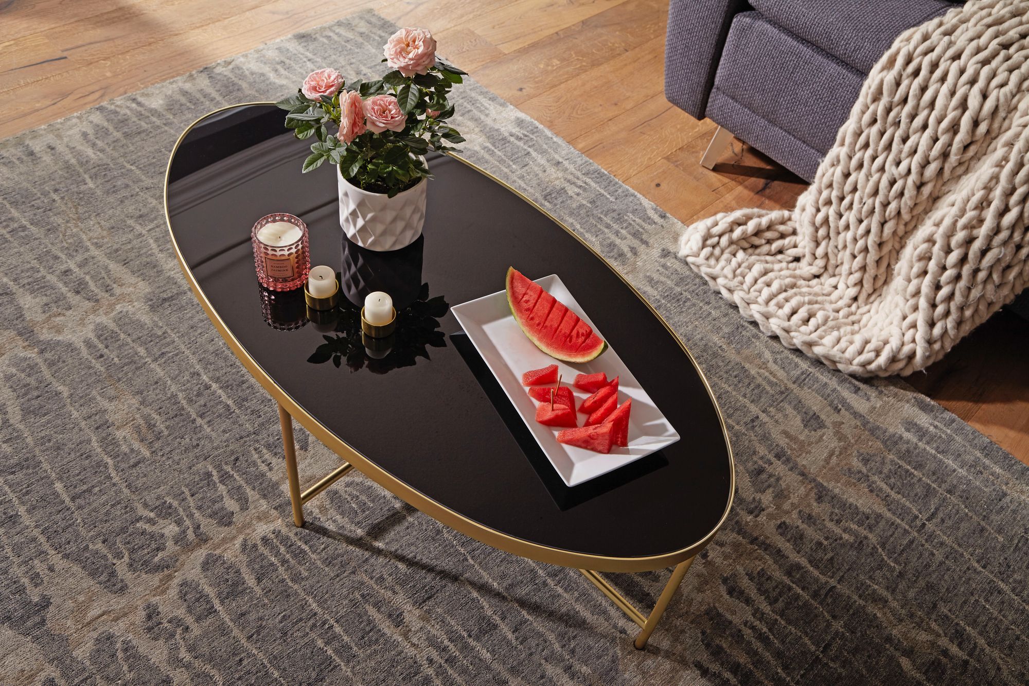 FineBuy Couchtisch Glas Schwarz Wohnzimmertisch Oval 110 x 56 Glastisch Gold – Ansicht 4