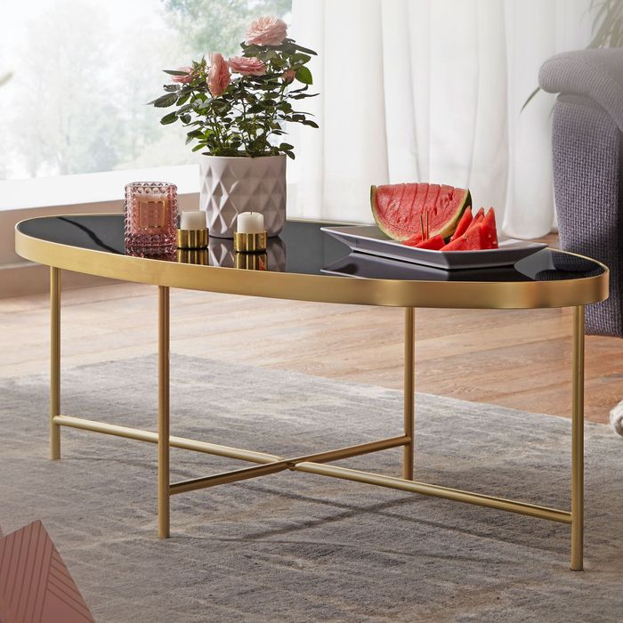 FineBuy Couchtisch Glas Schwarz Wohnzimmertisch Oval 110 x 56 Glastisch Gold