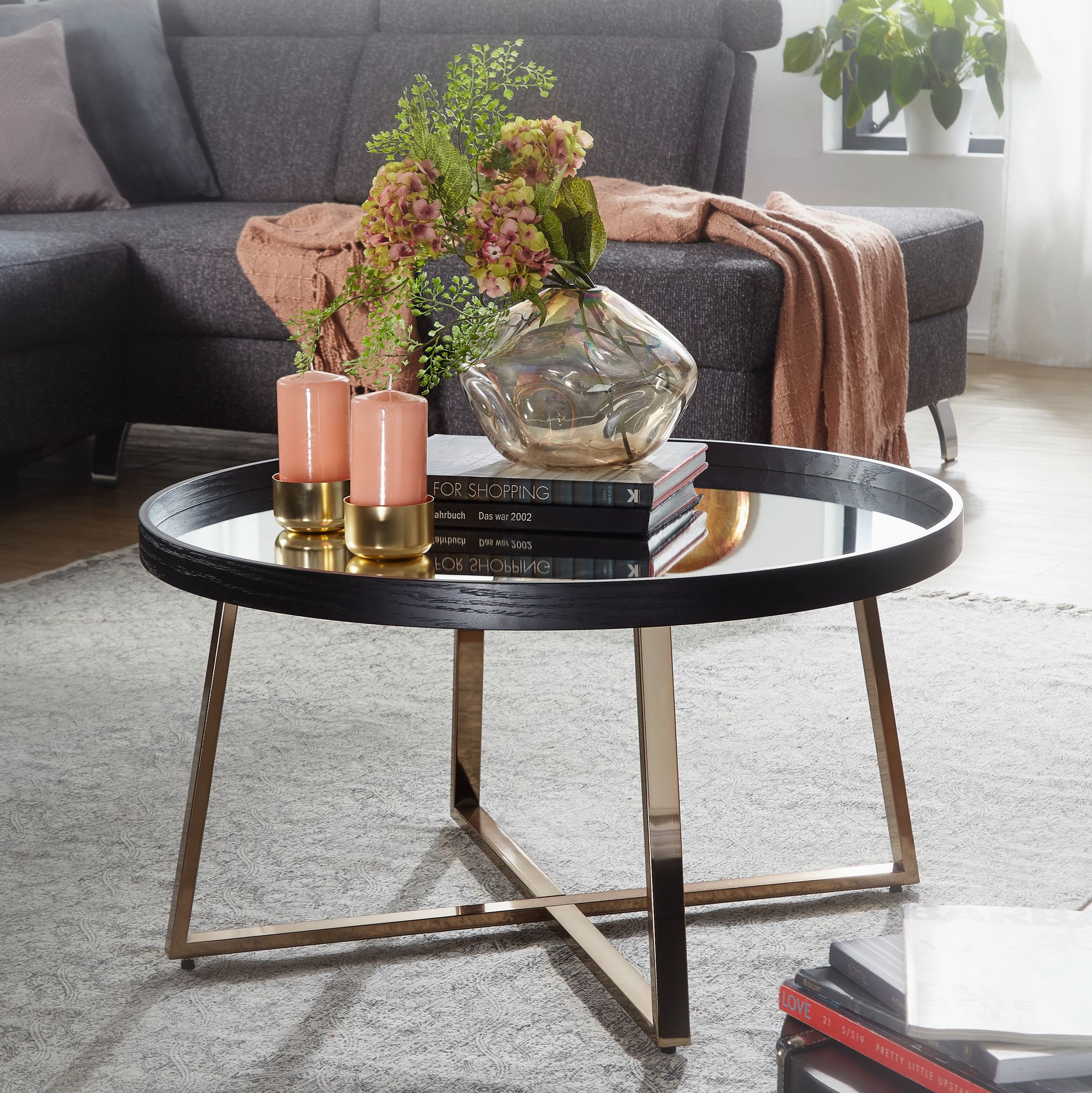 FineBuy Couchtisch Rund Gold Wohnzimmertisch Spiegel Glas Beistelltisch Schwarz – Ansicht 1