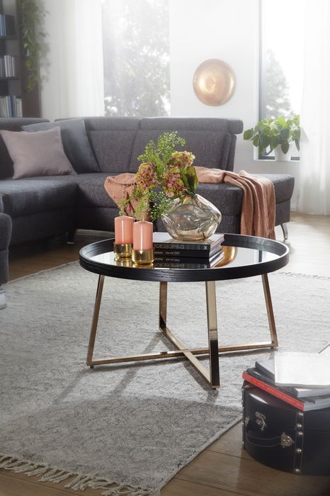FineBuy Couchtisch Rund Gold Wohnzimmertisch Spiegel Glas Beistelltisch Schwarz – Maßzeichnung
