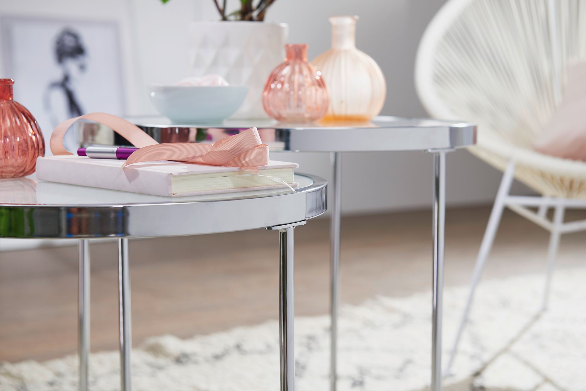 FineBuy Beistelltisch 2tlg Rund Wohnzimmertisch Weiß Glas Couchtisch Silber – Ansicht 5