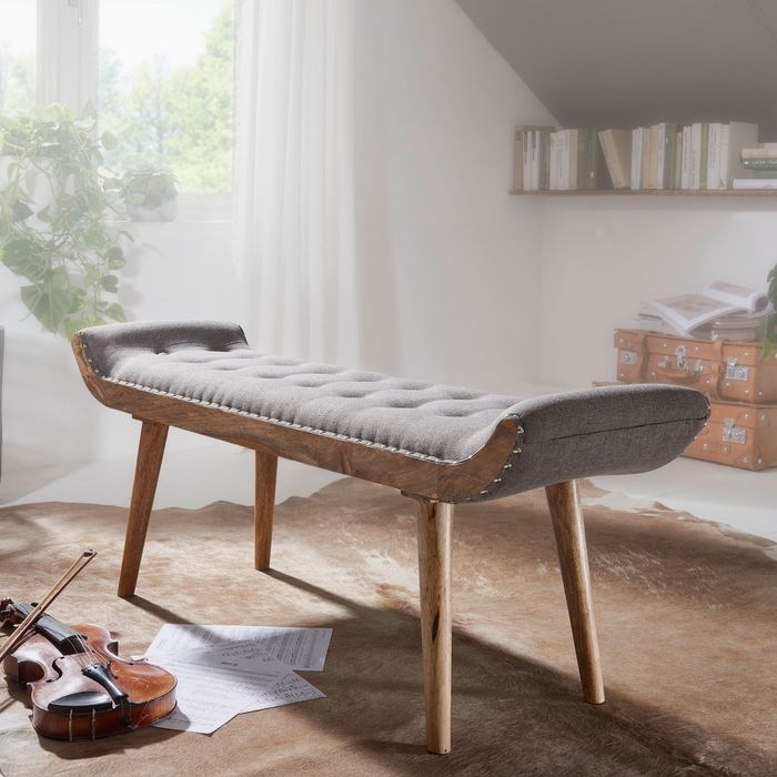 FineBuy Sitzbank Stoff / Massivholz Bank Grau 125x51x38 cm Chesterfield-Design, Polsterbank Flur, Stoffbank Bettbank 2 Personen, Flurbank Modern 4250950294226