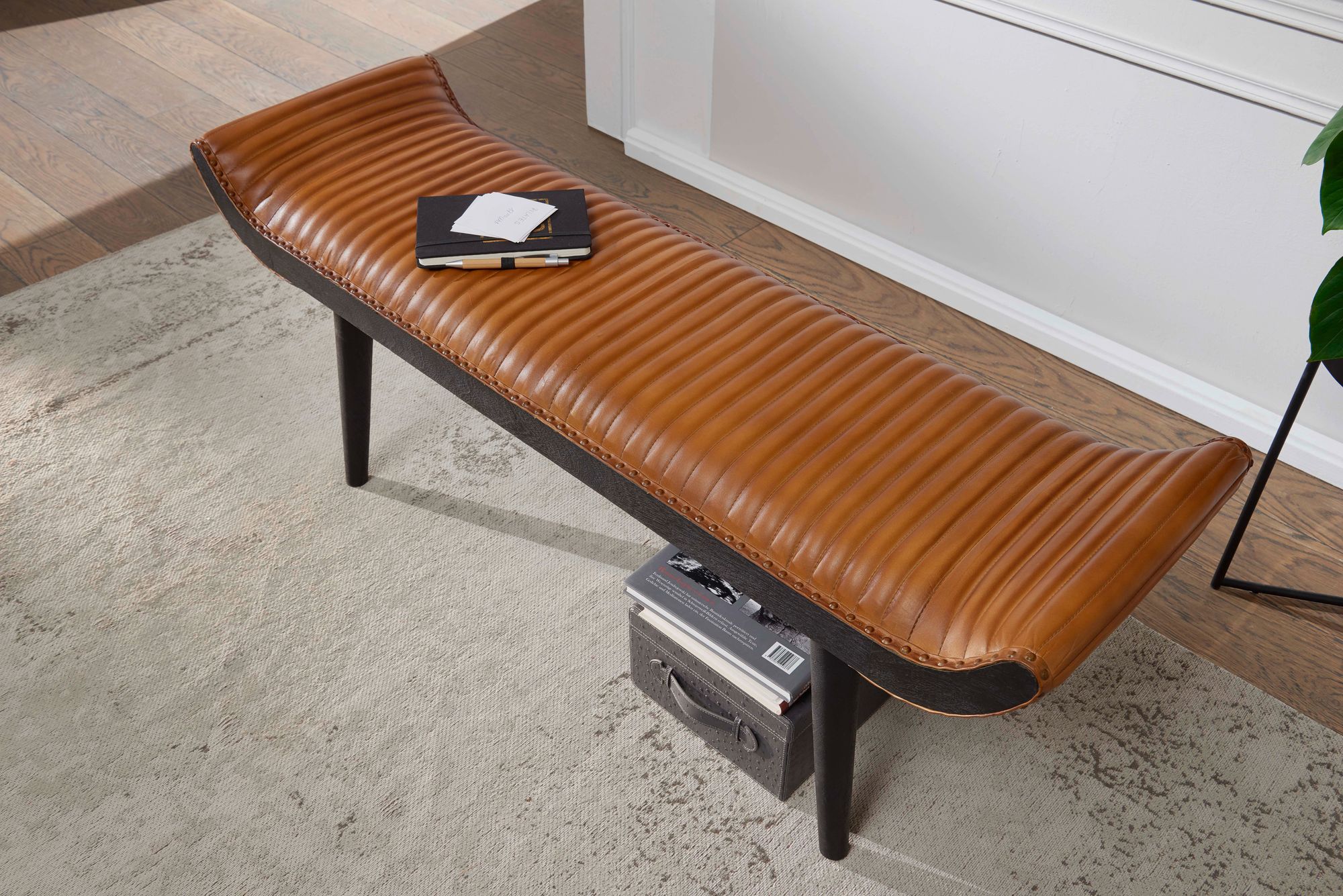 Gepolsterte Sitzbank 125cm Echtleder Braun Retro Polsterbank Garderobenbank Bank – Ansicht 3