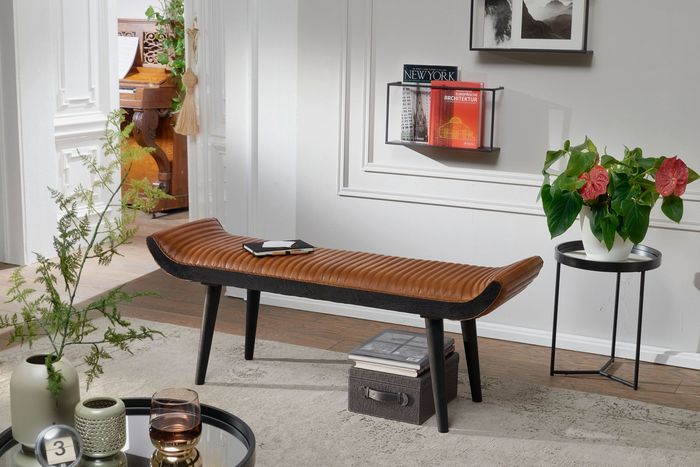 FineBuy Sitzbank Echtleder / Massivholz Bank Braun 125x51x38 cm Modern, Design Polsterbank Flur, Lederbank Bettbank 2 Personen, Flurbank Modern